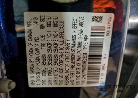 2019 Honda Cr-V Ex from USA, damaged, VIN 2HKRW2H56KH628331